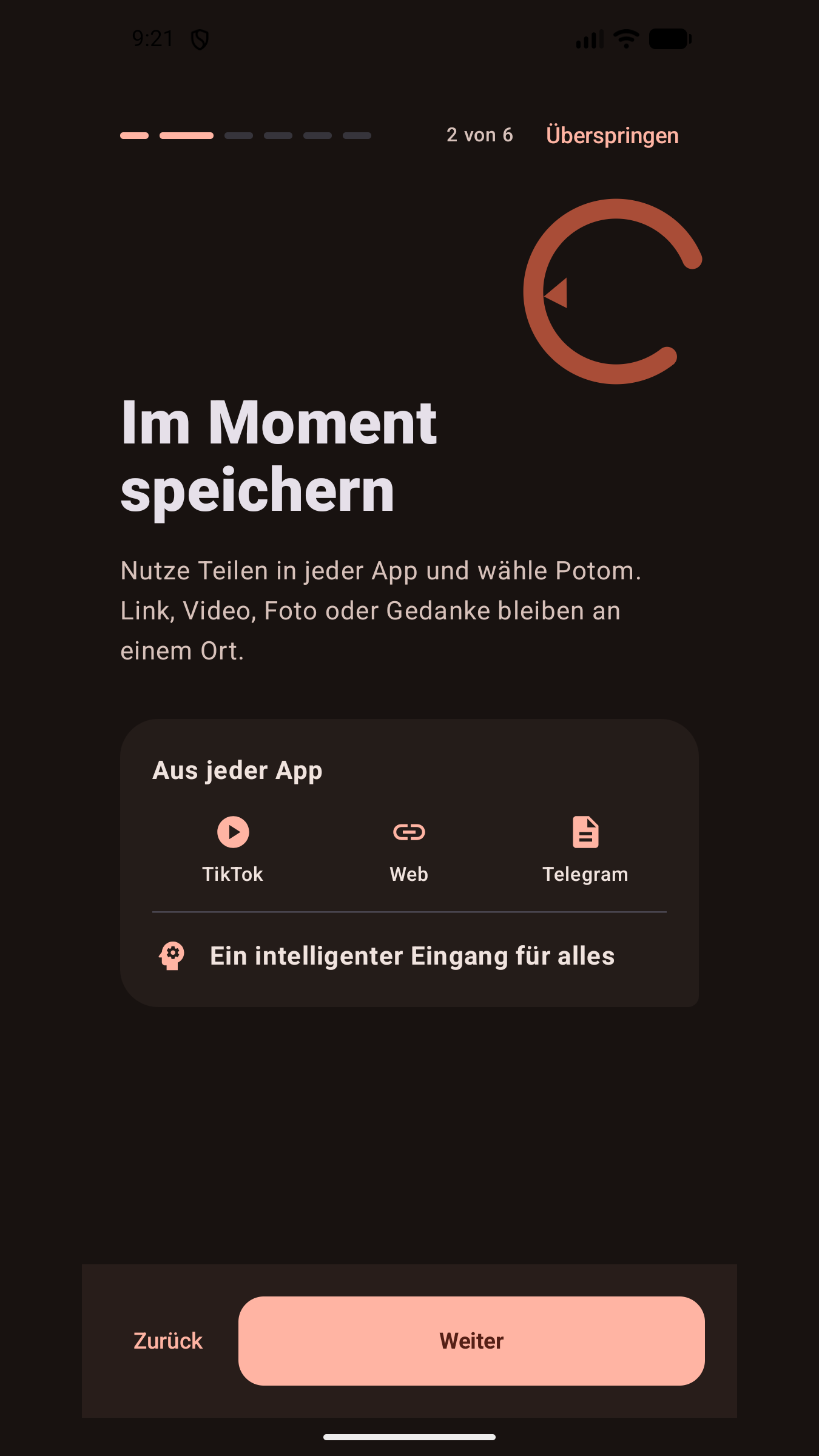 Potom-Ansicht zum Teilen von Links, Videos, Fotos und Dokumenten