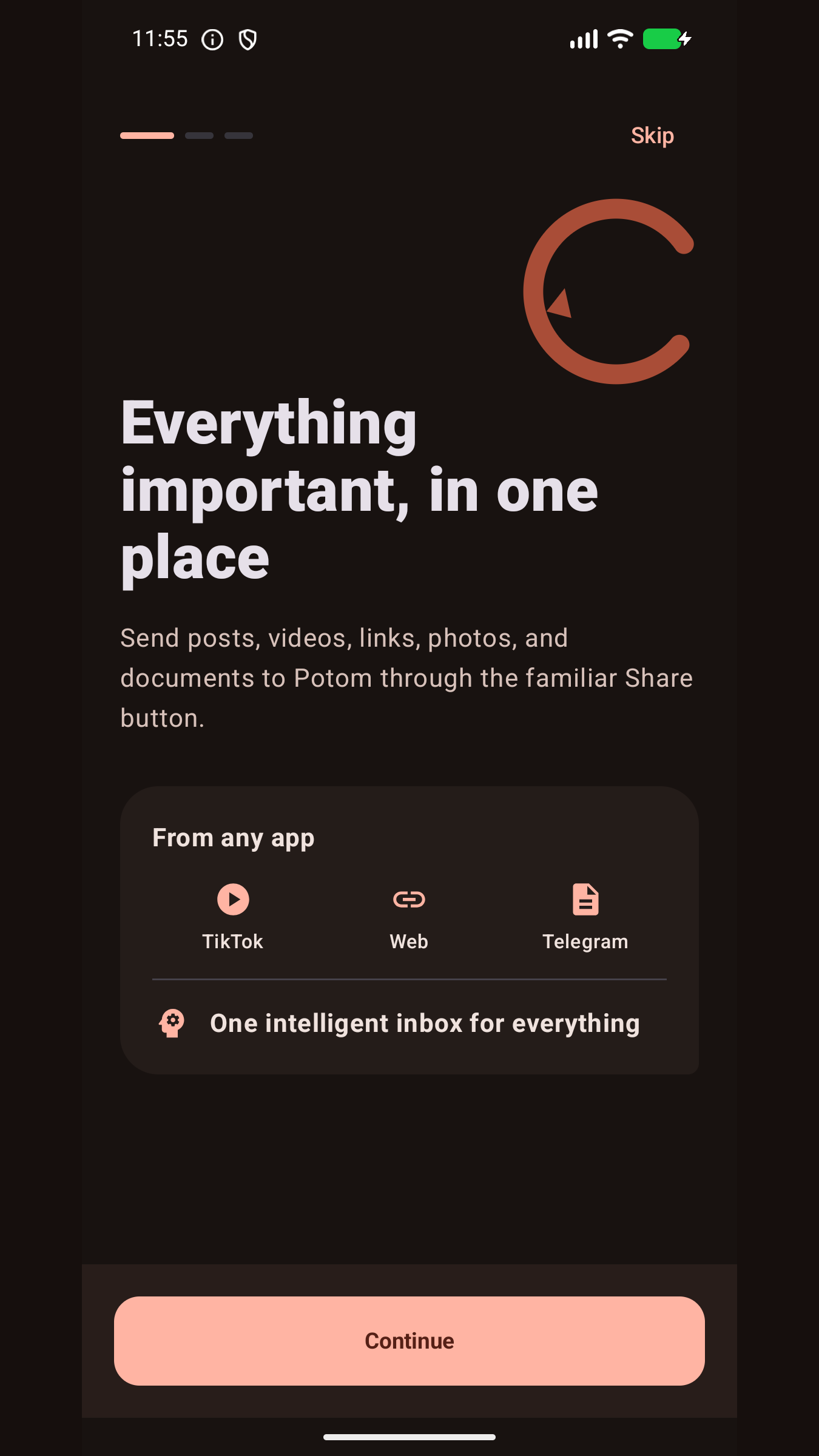 Potom screen for sharing links, videos, photos, and documents