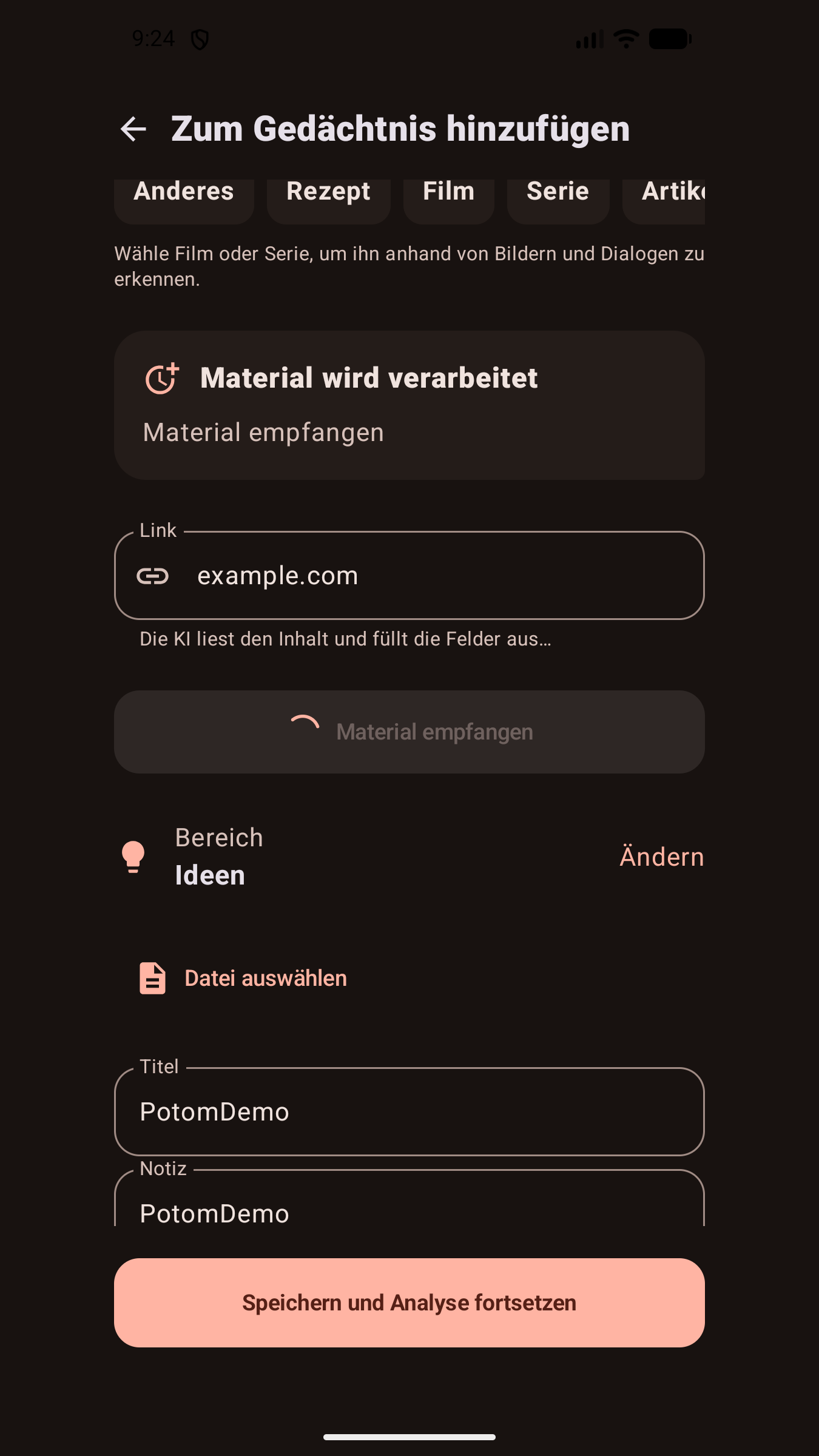 Potom-Ansicht während der KI-Verarbeitung im Hintergrund