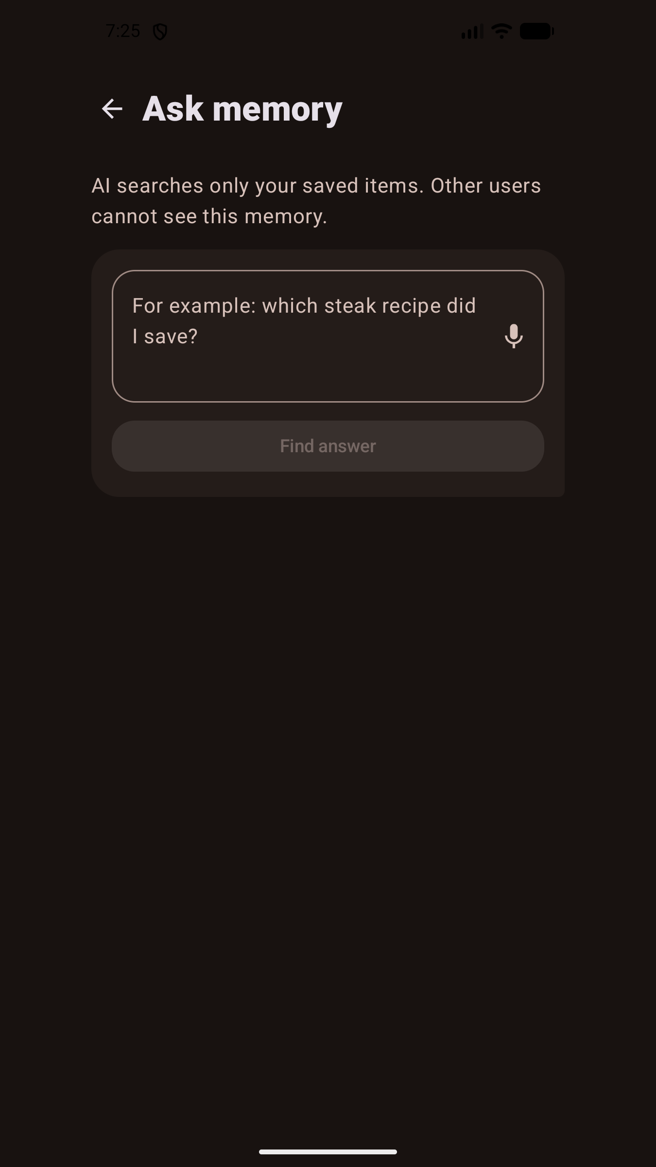 Potom Ask Memory screen for asking a natural-language question