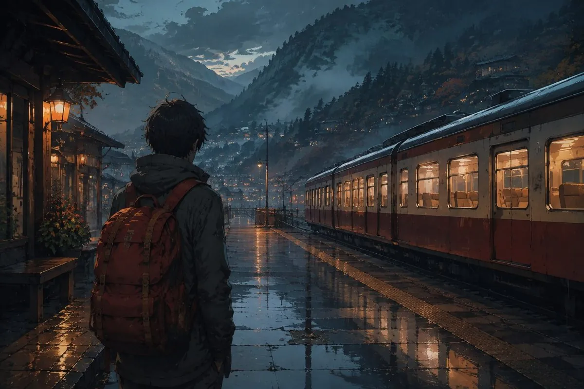 Illustrated scene: a traveller at a station at night