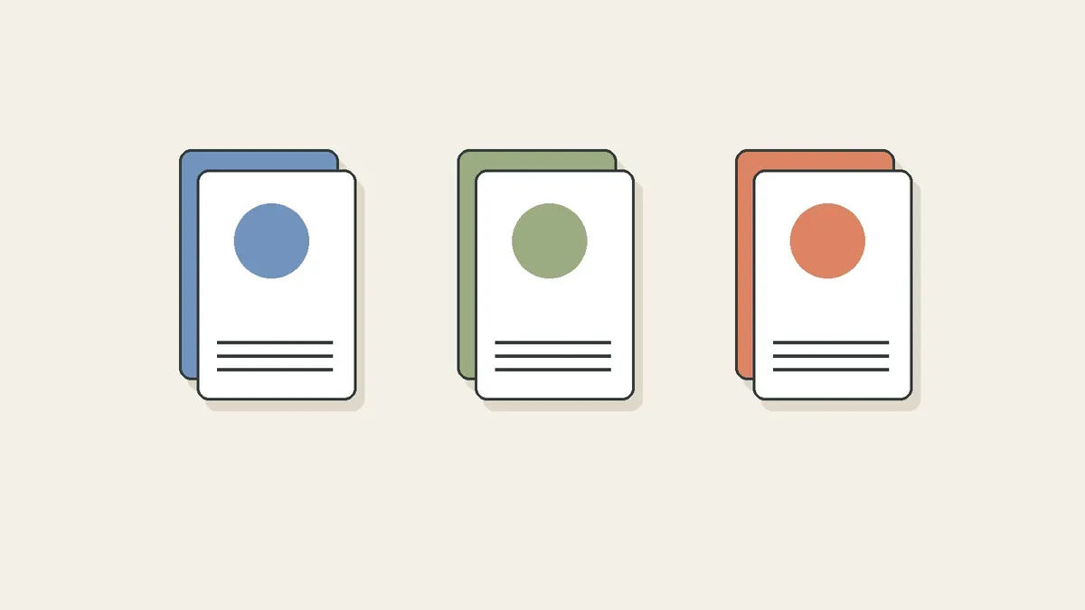 Three illustrated collections: an archive, a reading library and a mobile card stack