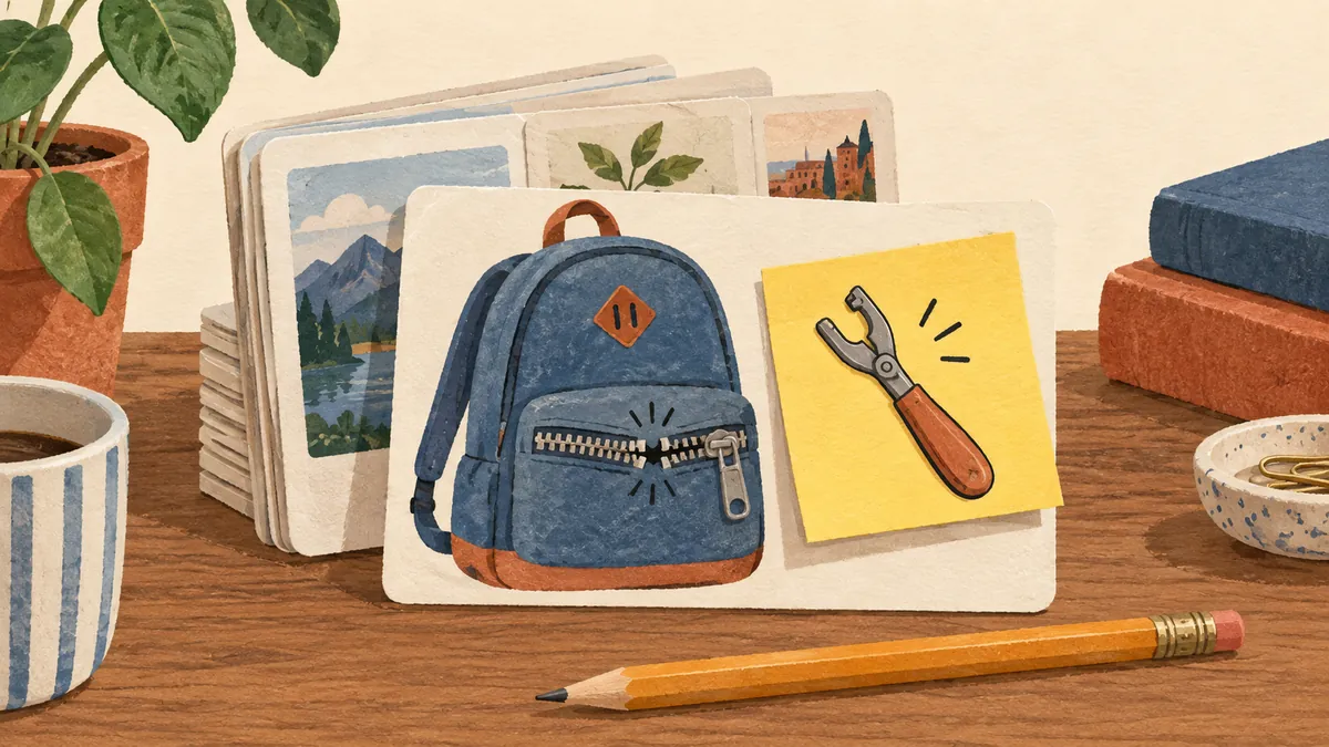 Illustrierte Referenzkarten mit einem blauen Rucksack und einer gelben Notiz mit Reparaturwerkzeug.