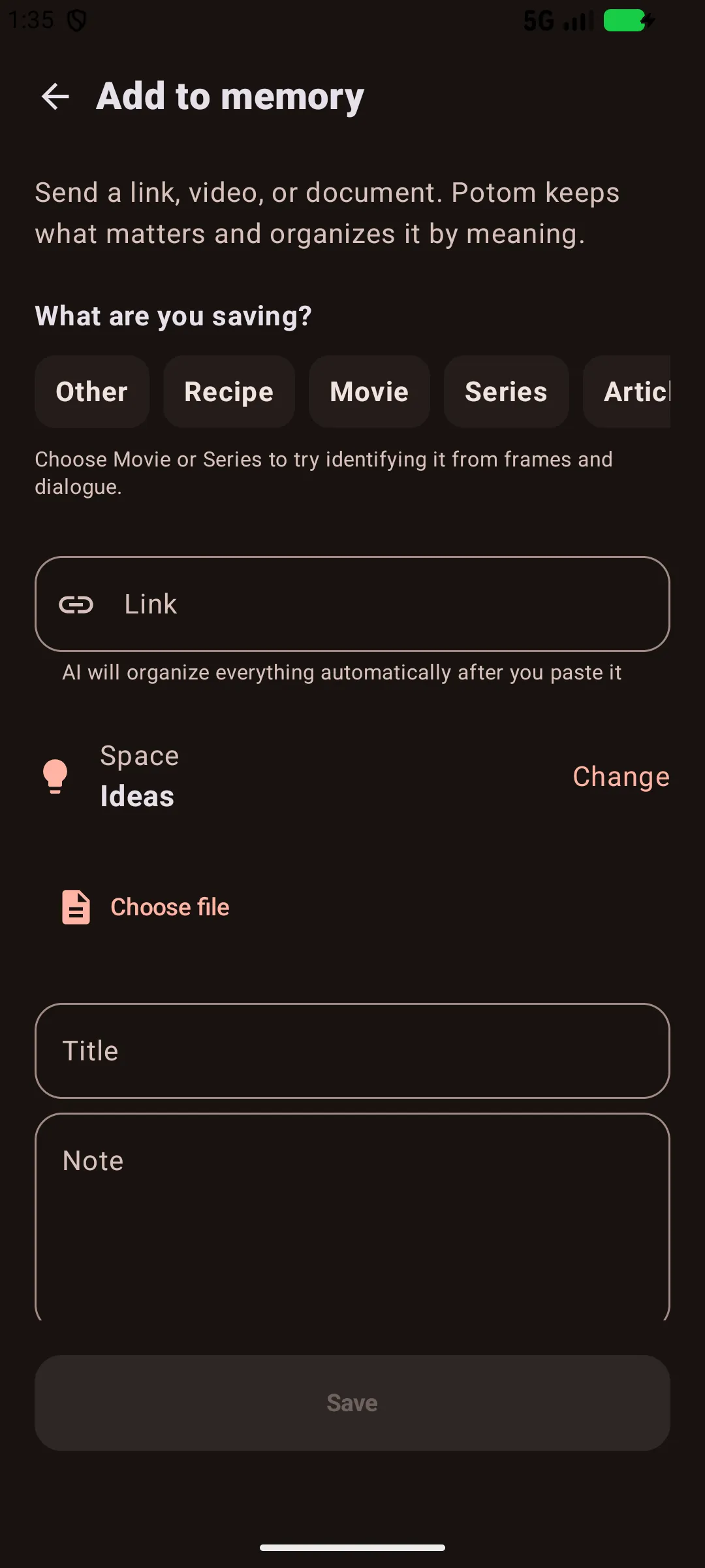 Potom’s Android capture form with separate Link, Title and Note fields