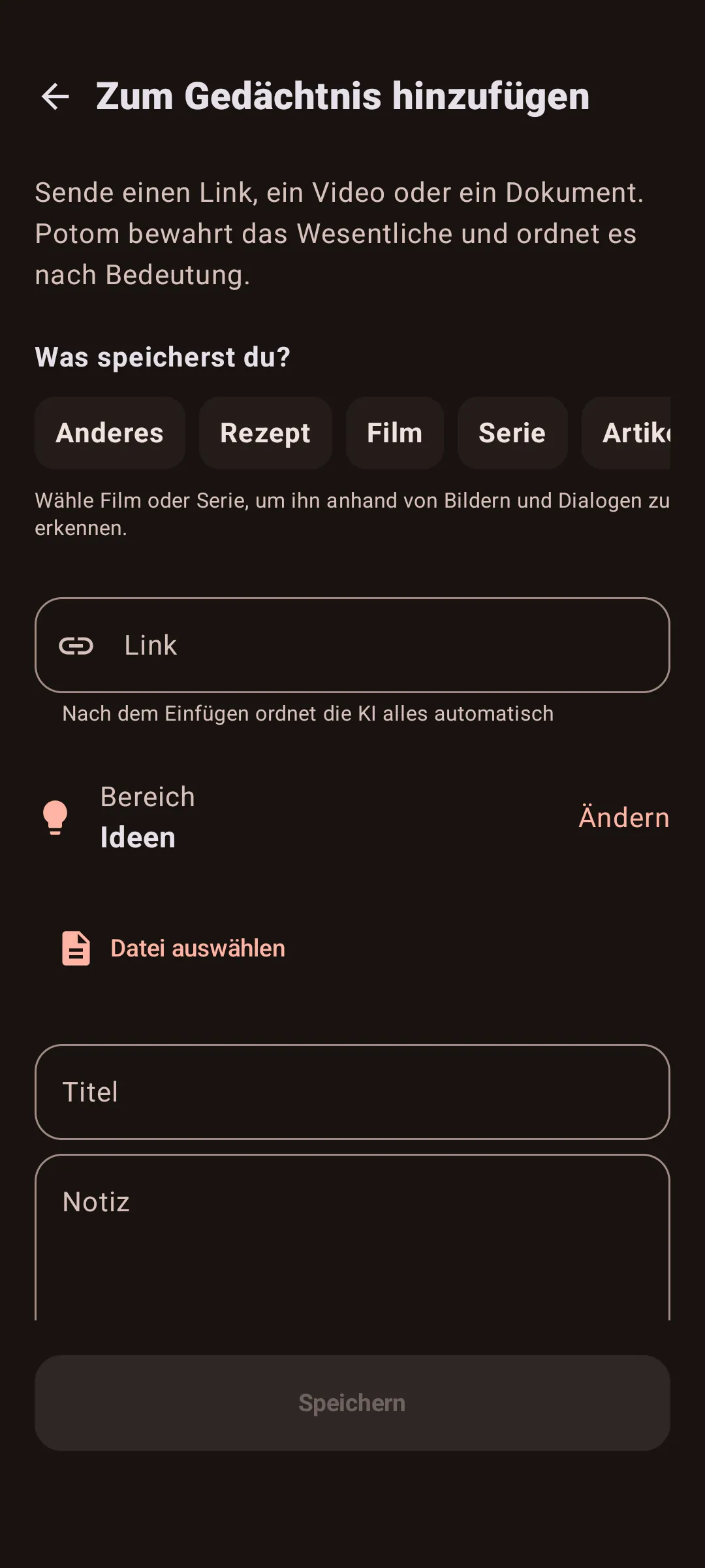 Potom-Erfassungsformular auf Deutsch vor dem Speichern