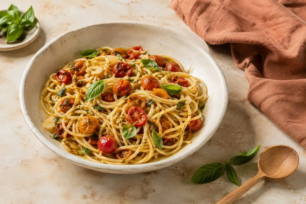 Pasta with tomatoes and basil